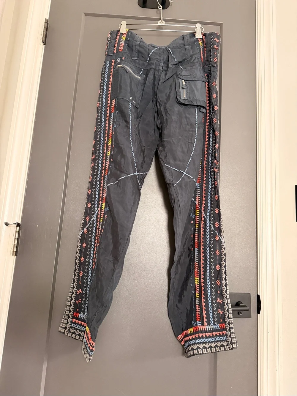 Johnny Was Black Cargo Pants with Multicolor Embroidered Stripes - Picture 7 of 10